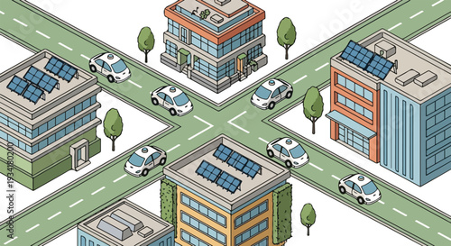 Cars drive past solar powered buildings on a busy city street corner with trees