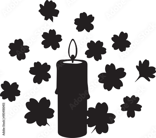 Vector silhouette of burning candle with flowers illustration