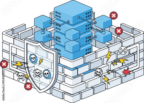 Cyberattack on a fortified server room with shield and hackers
