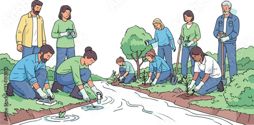 Community members participate in river restoration planting trees and cleaning the waterway