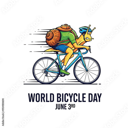 Cyclist on bicycle with snail shell backpack for World Bicycle Day