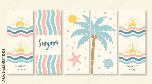 A set of four colorful summer themed illustrations with palm tree starfish and sun on a beige background