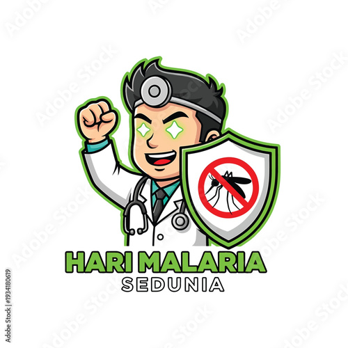 Medical hero doctor with shield preventing malaria mosquito bite