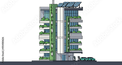 A sleek modern building with green balconies and solar panels on the roof stands tall in the city via architectural design