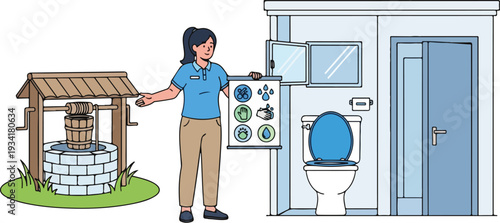 A woman holds a control panel next to a well and a portable toilet