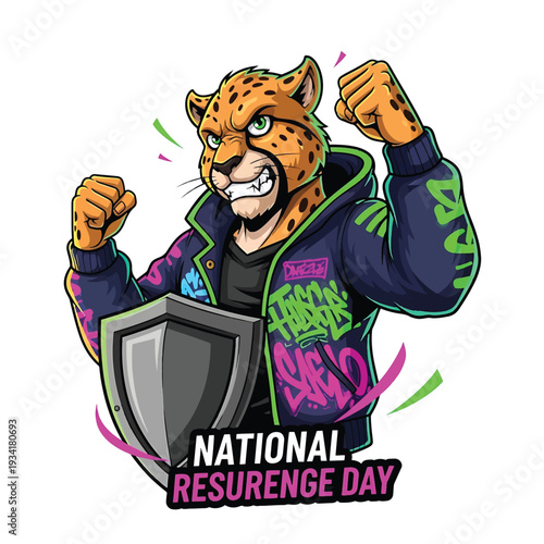 Jaguar mascot with shield and jacket for National Resurgence Day