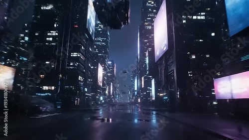 Futuristic Cityscape at Night with Neon Lights.