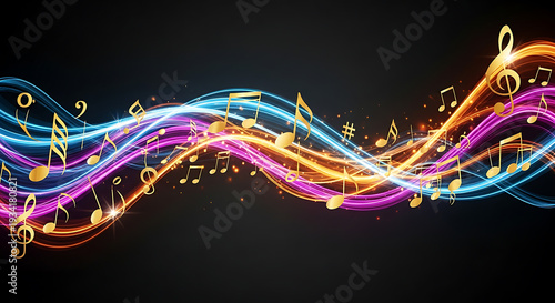 Festive Music Theme with Golden Notes and Colorful Light Trails