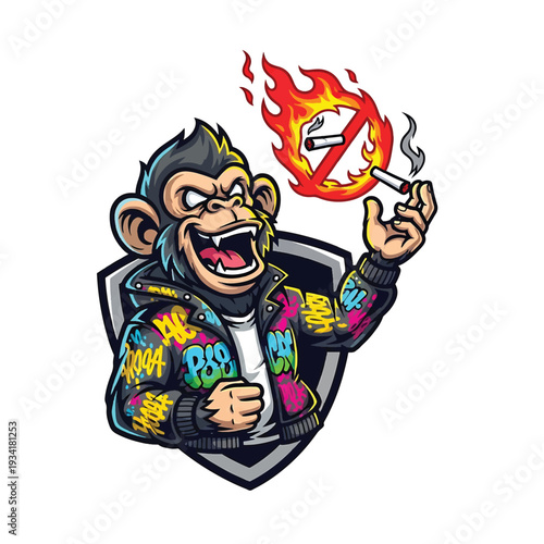 Aggressive cartoon monkey with graffiti jacket and fiery peace sign
