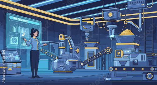 Woman interacting with futuristic factory automation technology.