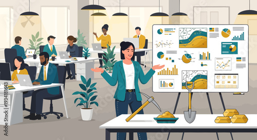 Woman presenting financial growth with shovel and gold coins.