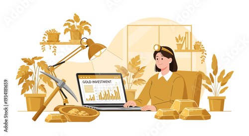 Woman working on laptop with gold investment concept.