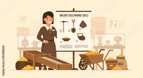 Woman presenting gold mining tools and equipment.