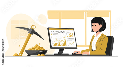 Woman working on computer with gold coins and pickaxe.