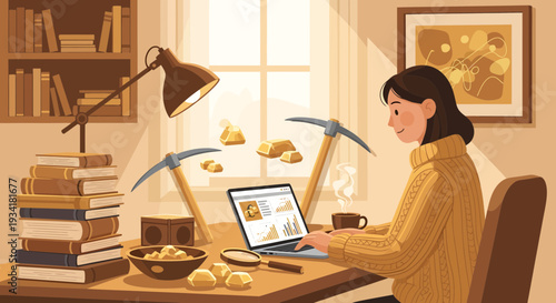 Woman working on laptop with mining tools and gold nuggets.