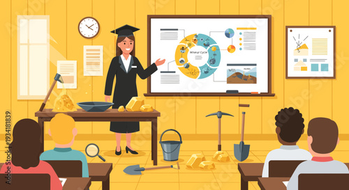 Female teacher in graduation cap presenting data on screen.