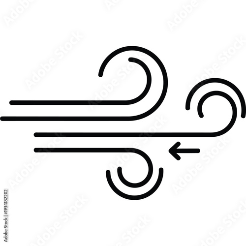 Minimalist Black and White Wind Icon with Swirling Lines and Directional Arrow for Weather Designs