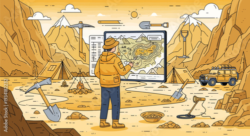 Man studying map in desert landscape with prospecting equipment.