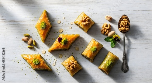 Baklava pastry triangles and rolls with nuts on a white wooden table