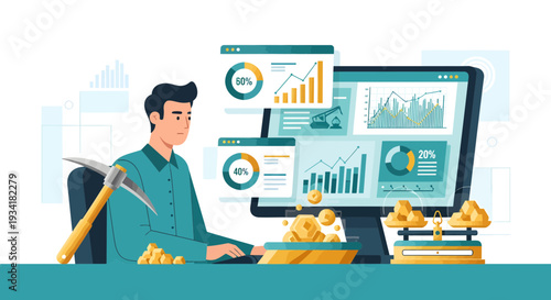 Man working on cryptocurrency mining with digital charts and coins.