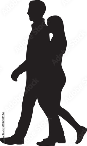 Black silhouette of couple walking together white background