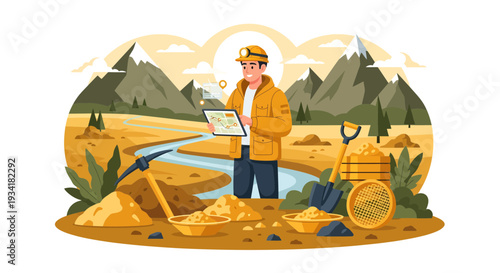 Miner examining data on tablet in gold mining site.