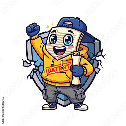 Cartoon Patented Document Hero with Cracked Shield