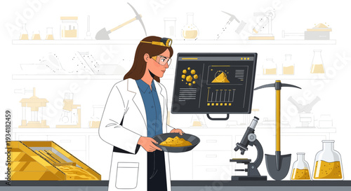 Scientist examining gold ore in laboratory setting.