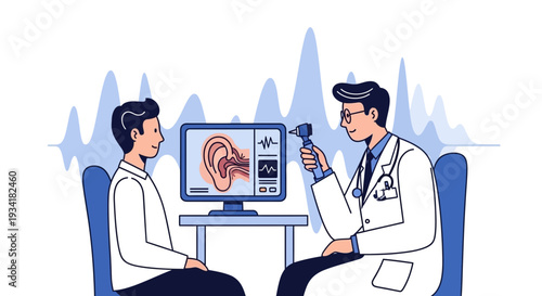 Doctor examining patient's ear with otoscope, audiology test on screen