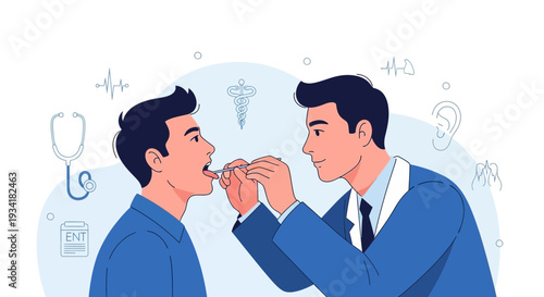 Doctor examines patient's throat, medical check-up, healthcare illustration