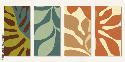 Abstract botanical art featuring four vertically oriented panels with organic shapes