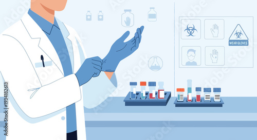 Scientist Putting On Gloves in Laboratory with Test Tubes and Biohazard Symbols