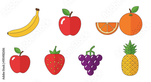 A vibrant assortment of various cartoon-style fruit illustrations arranged on white background
