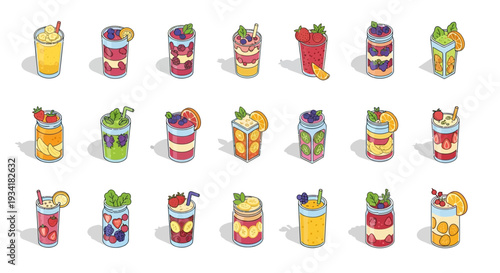 A vibrant assortment of refreshing fruit drinks in a variety of glasses and containers