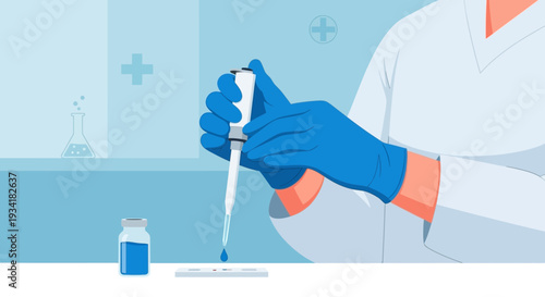 Scientist using pipette in laboratory with medical symbols, healthcare concept