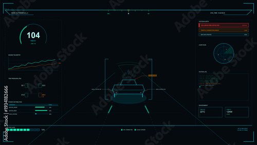 This futuristic digital automotive dashboard interface displays real-time vehicle telemetry, autonomous driving data, and system alerts on a dark high-tech head-up display.