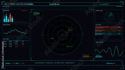 A futuristic digital threat hunting dashboard displays real-time cybersecurity data including radar scans, network traffic graphs, active node status, and system alerts on a dark screen.
