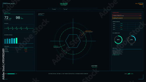 This futuristic digital interface displays medical patient vitals, system alerts, and a live feed with a hexagonal target. It includes technical data, charts, and monitoring information.