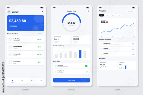 Three mobile application screens showing a financial dashboard, savings goal details, and spending analytics with charts and graphs on a clean white and blue interface.