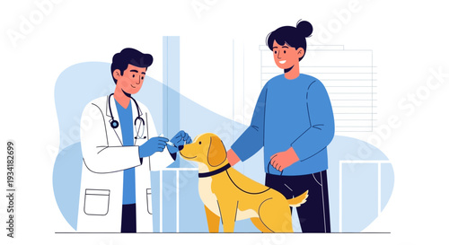 Veterinarian Examining Dog with Owner Present, Pet Health Care