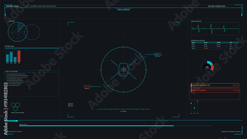 This futuristic digital head-up display interface shows a drone schematic, system diagnostics, signal analysis, and real-time event logs on a dark technical background.