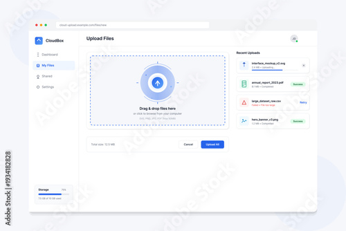 A minimalist web dashboard displays a file management system with a drag and drop upload zone, progress bars for recent files, and a storage capacity status bar.