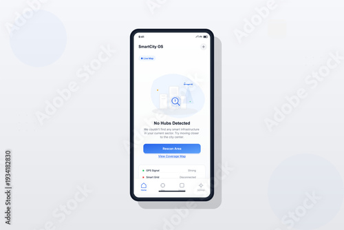 A smartphone displays a smart city application interface showing a no hubs detected message with options to rescan the area or view a coverage map on a light background with geometric patterns.