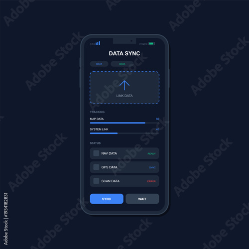 A vector illustration of a smartphone displaying a data synchronization interface with progress bars, status indicators, and sync buttons on a dark blue background.