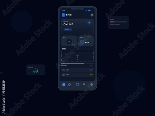 A futuristic mobile application interface displayed on a smartphone screen featuring data monitoring, system status, and tracking information in a dark mode aesthetic.