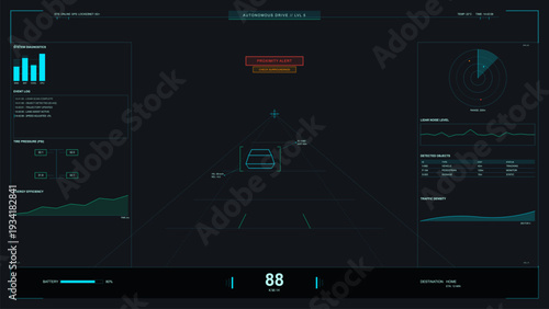 A futuristic digital dashboard for an autonomous vehicle showing a proximity alert, speed, battery level, and various system diagnostics on a dark high-tech interface.
