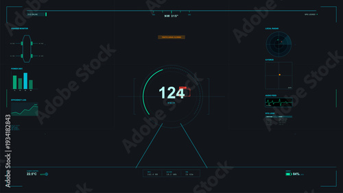 A futuristic vehicle heads-up display interface featuring a digital speedometer, navigation compass, radar, and various system monitoring diagnostics on a dark black background.
