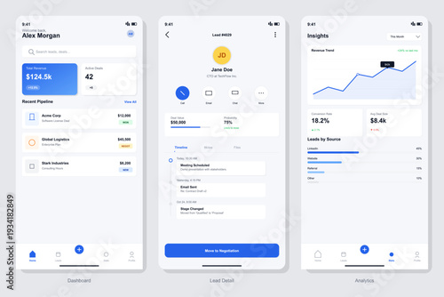 Three smartphone screens displaying a modern business management application interface with dashboard, lead details, and analytics charts in a clean blue and white design.