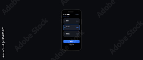 A mobile phone screen shows a digital system control panel with status indicators for data, power, and shield. The interface uses a dark theme with blue accents and a sync button.