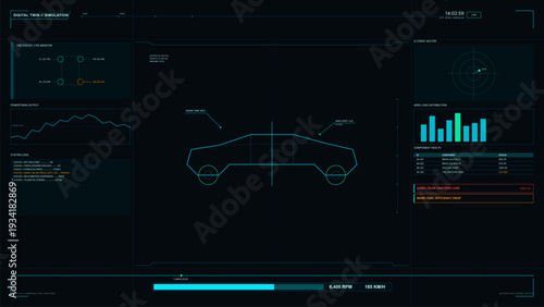 A futuristic digital twin simulation interface displays real-time vehicle telemetry, including tire pressure, powertrain output, and aerodynamic load distribution on a dark screen.